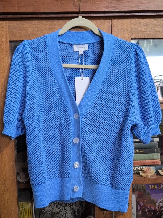 Annieware Los Angeles Sweaters - Blue Short-Sleeve Open-Knit Cardigan